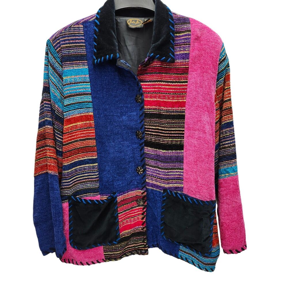 Julia Kim Patchwork Jacket Womens 1X Button Up Lined Wearable Art Boho-Chic VTG